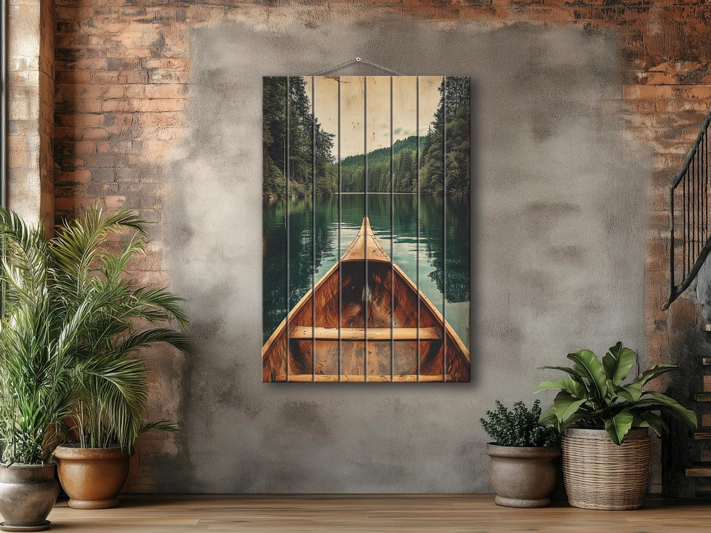 Canoe In Green Lake Distressed Wood Wall Art
