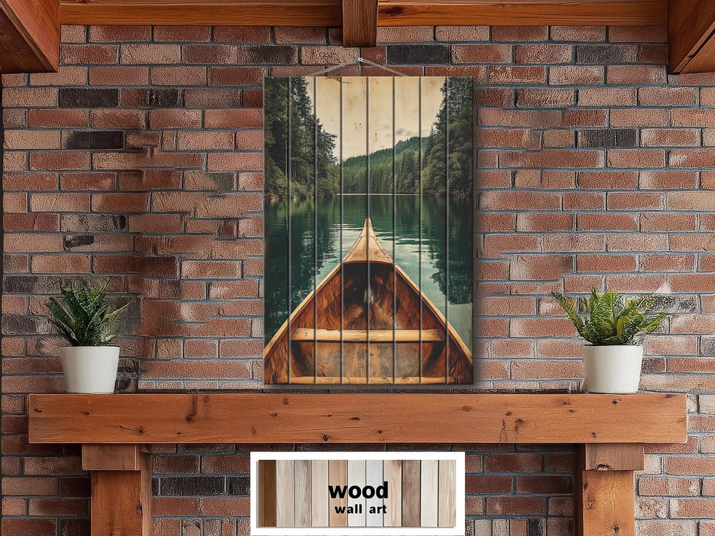Canoe In Green Lake Distressed Wood Wall Art