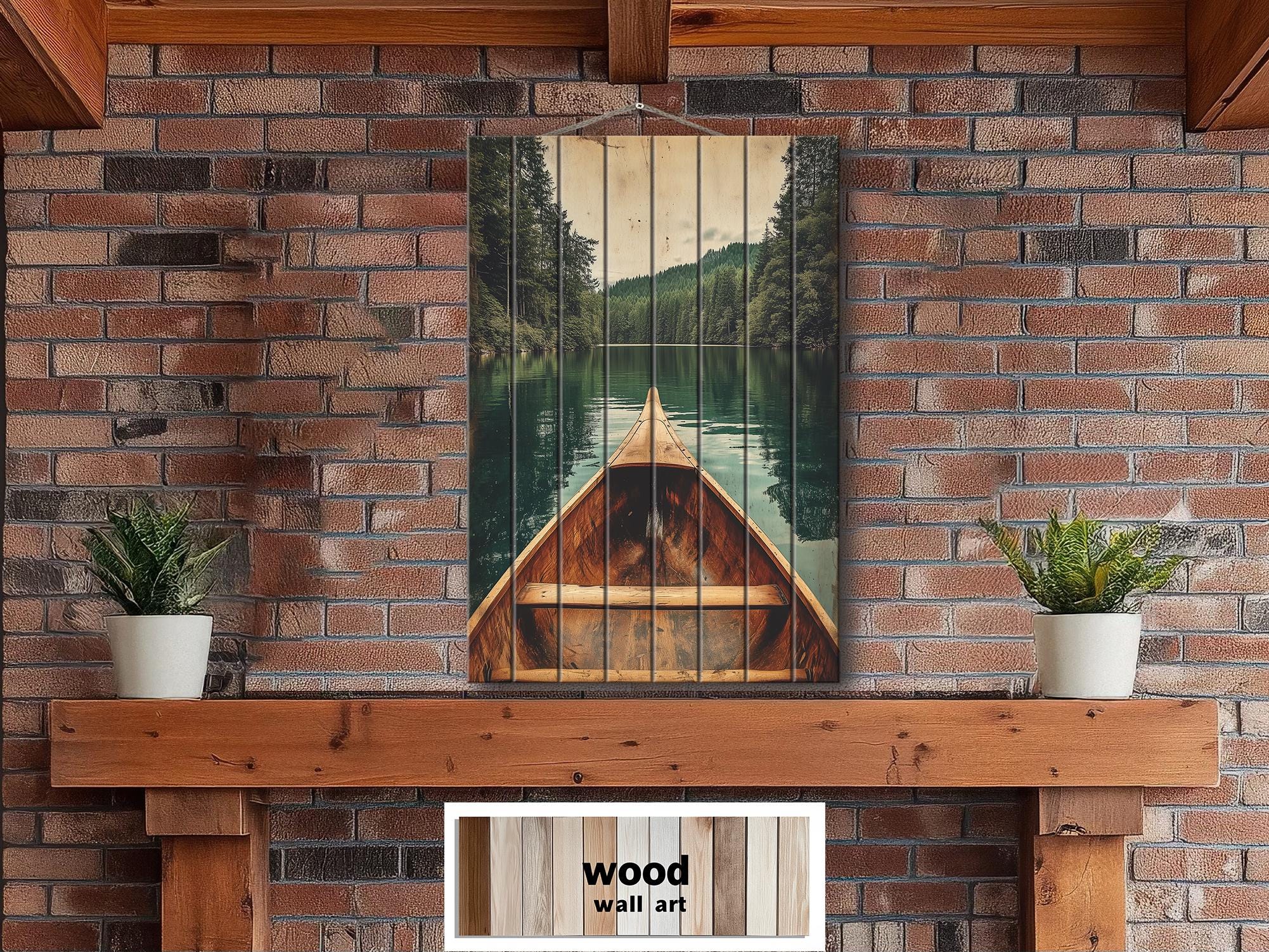 Canoe In Green Lake Distressed Wood Wall Art