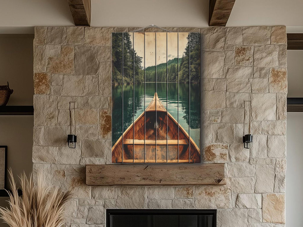 Canoe In Green Lake Distressed Wood Wall Art