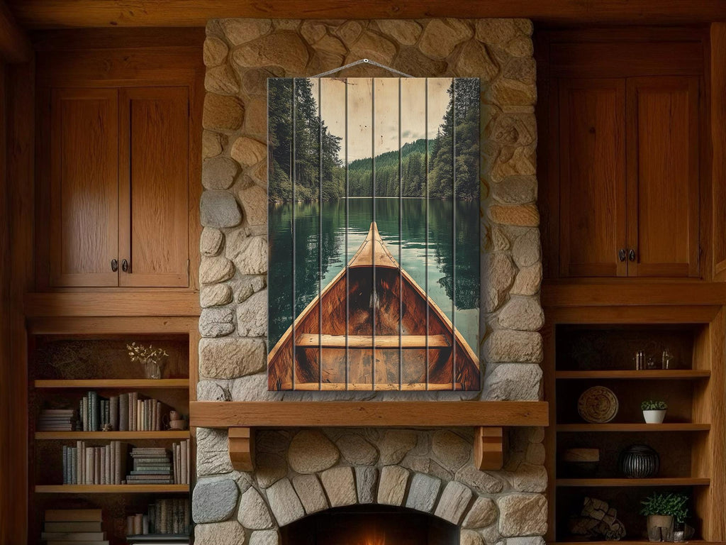 Canoe In Green Lake Distressed Wood Wall Art
