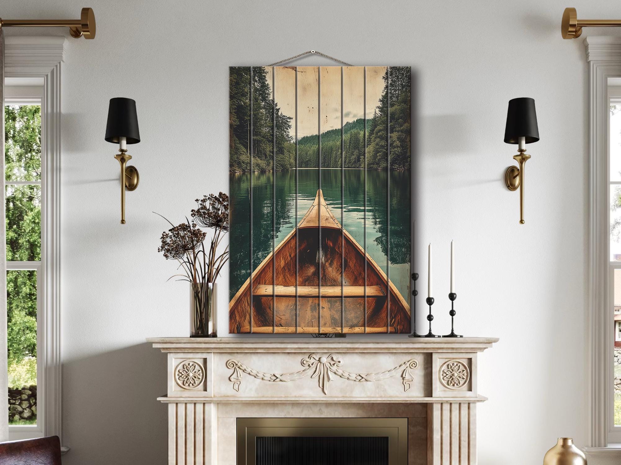 Canoe In Green Lake Distressed Wood Wall Art