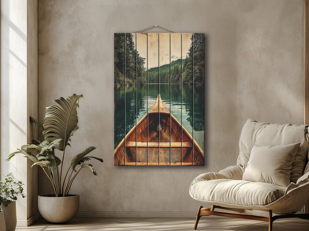 Canoe In Green Lake Distressed Wood Wall Art