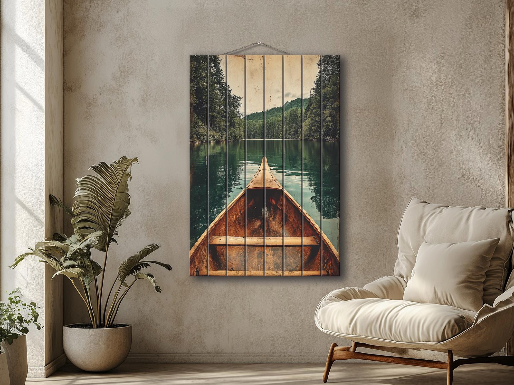 Canoe In Green Lake Distressed Wood Wall Art