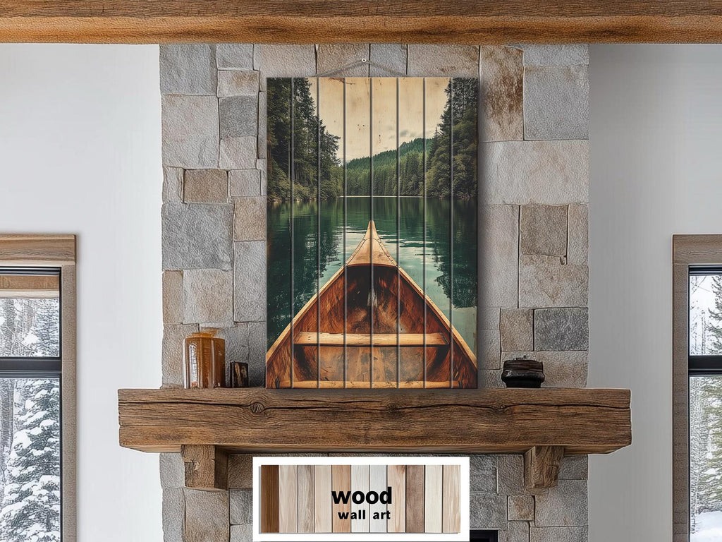 Canoe In Green Lake Distressed Wood Wall Art