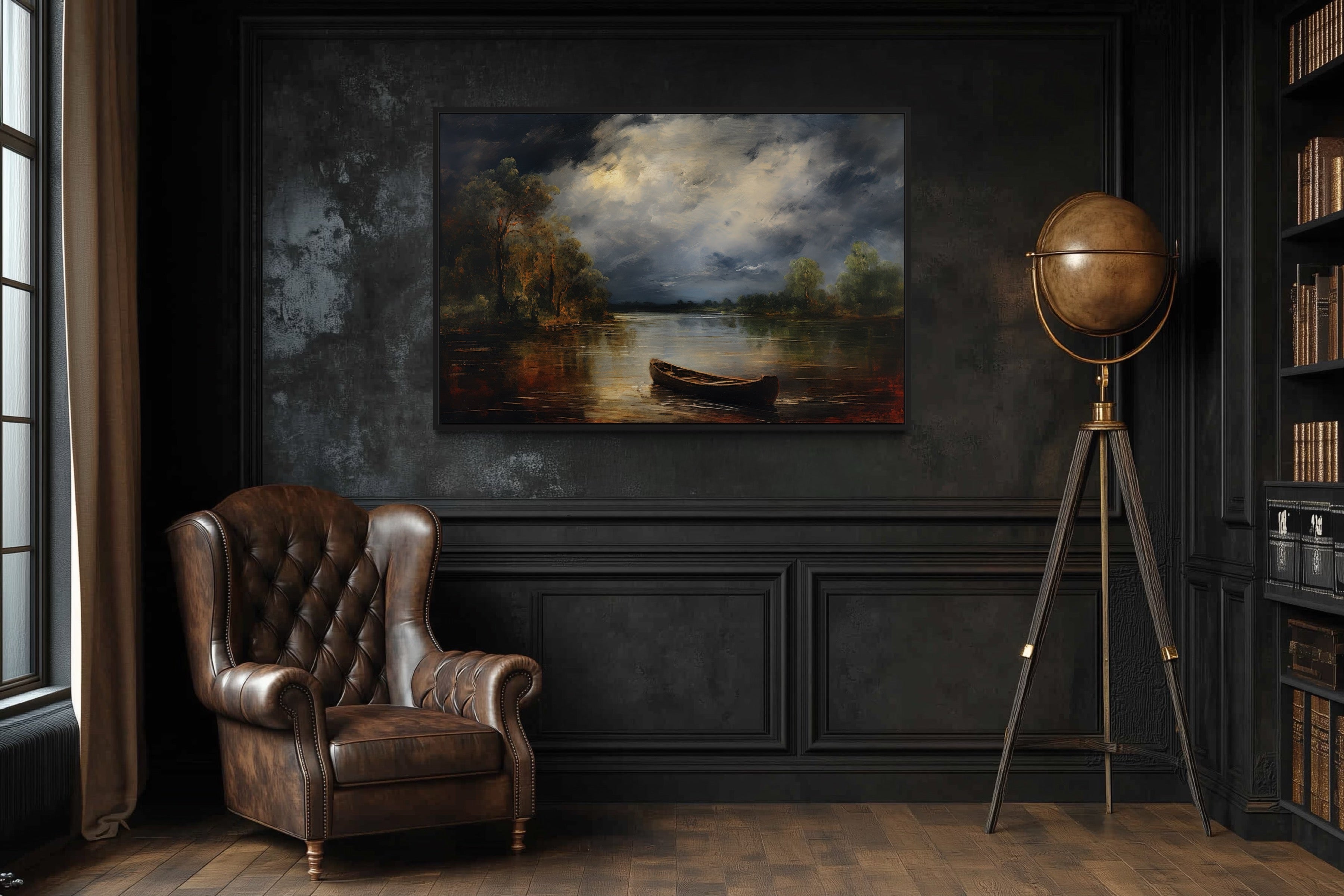 Canoe In The Lake At Night Vintage Moody Dark Academia Cabin Wall Decor