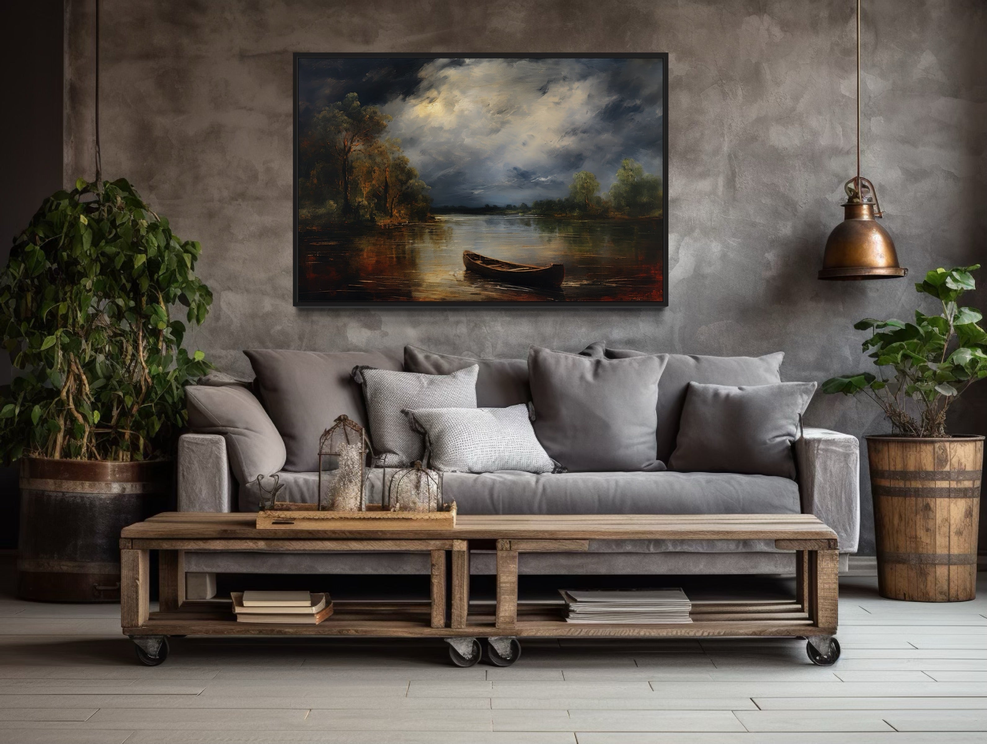 Canoe In The Lake At Night Vintage Moody Dark Academia Cabin Wall Decor