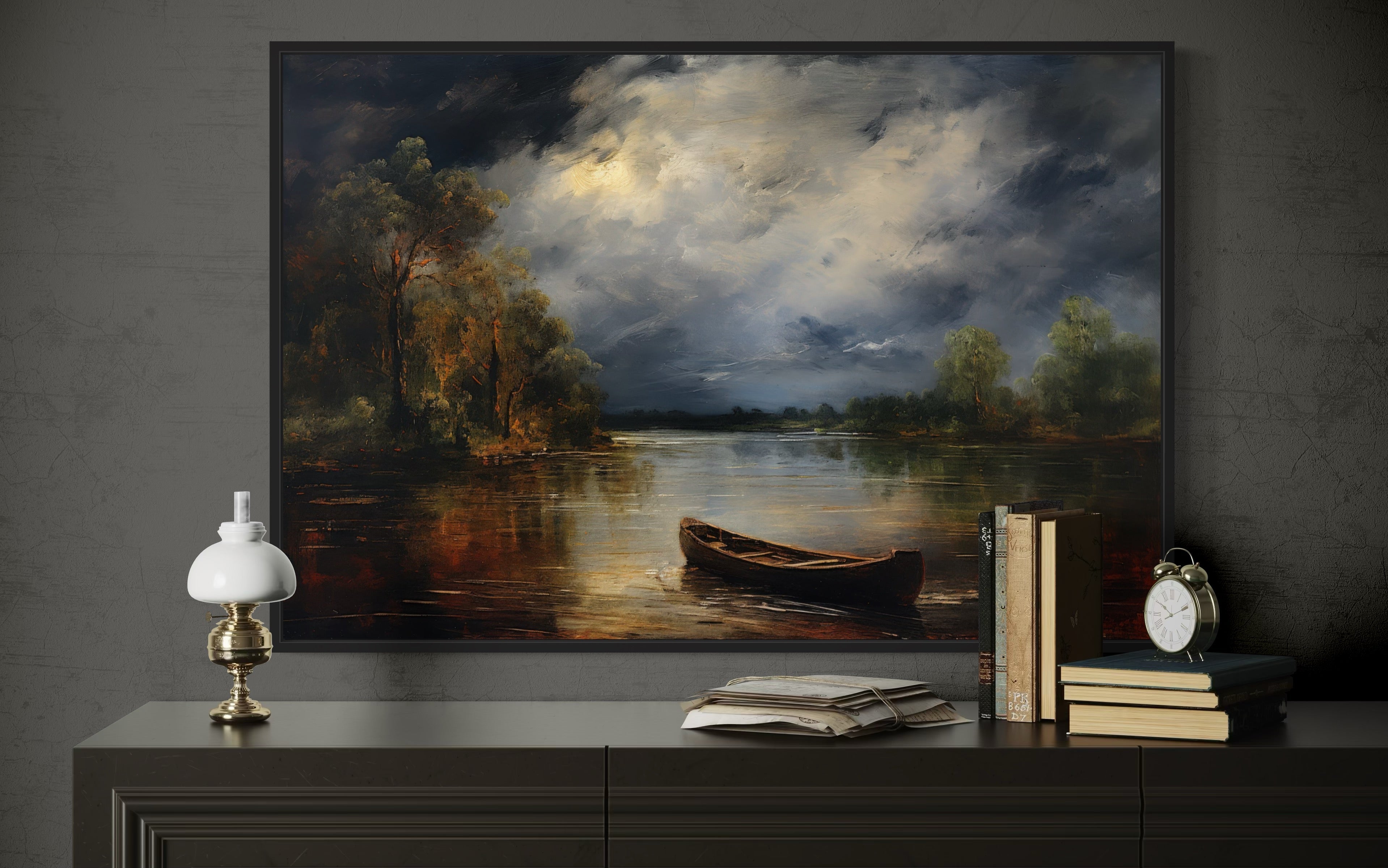 Canoe In The Lake At Night Vintage Moody Dark Academia Cabin Wall Decor