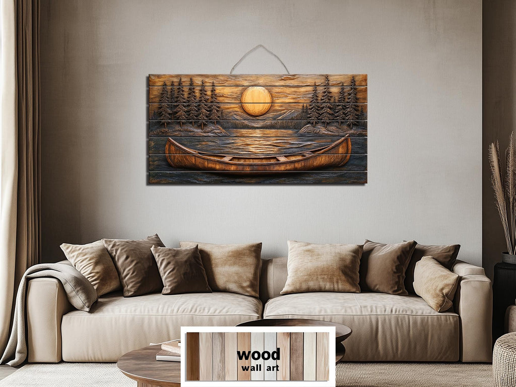 Canoe In The Lake At Sunset Wood Wall Art For Cabin Decor