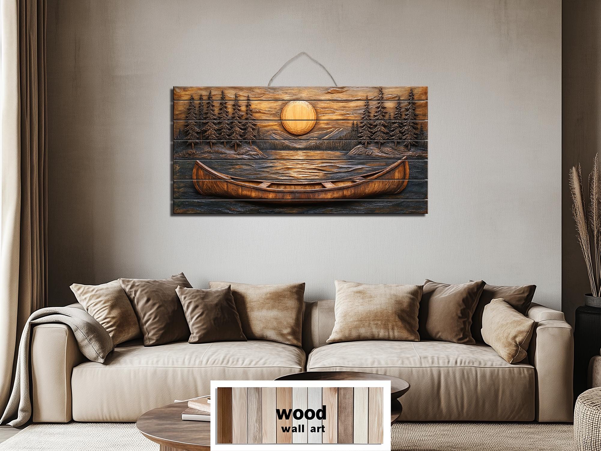 Canoe In The Lake At Sunset Wood Wall Art For Cabin Decor