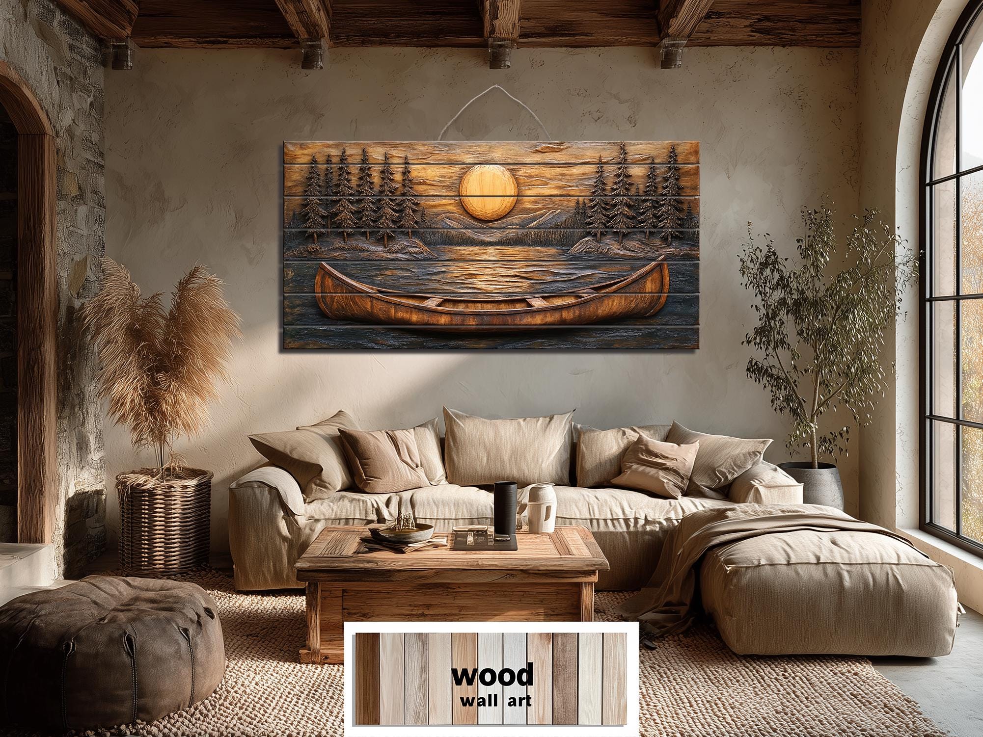 Canoe In The Lake At Sunset Wood Wall Art For Cabin Decor