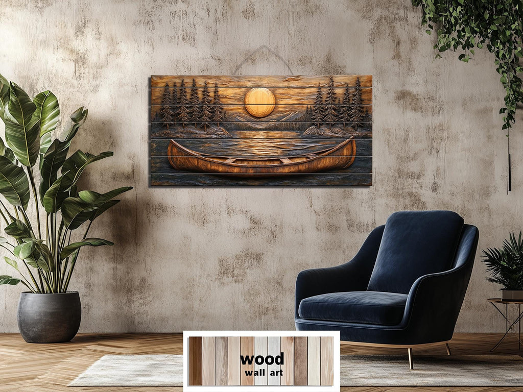 Canoe In The Lake At Sunset Wood Wall Art For Cabin Decor