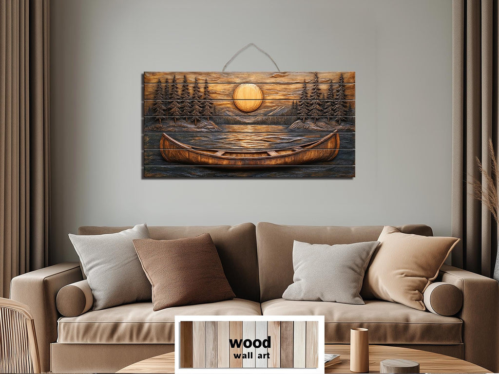 Canoe In The Lake At Sunset Wood Wall Art For Cabin Decor