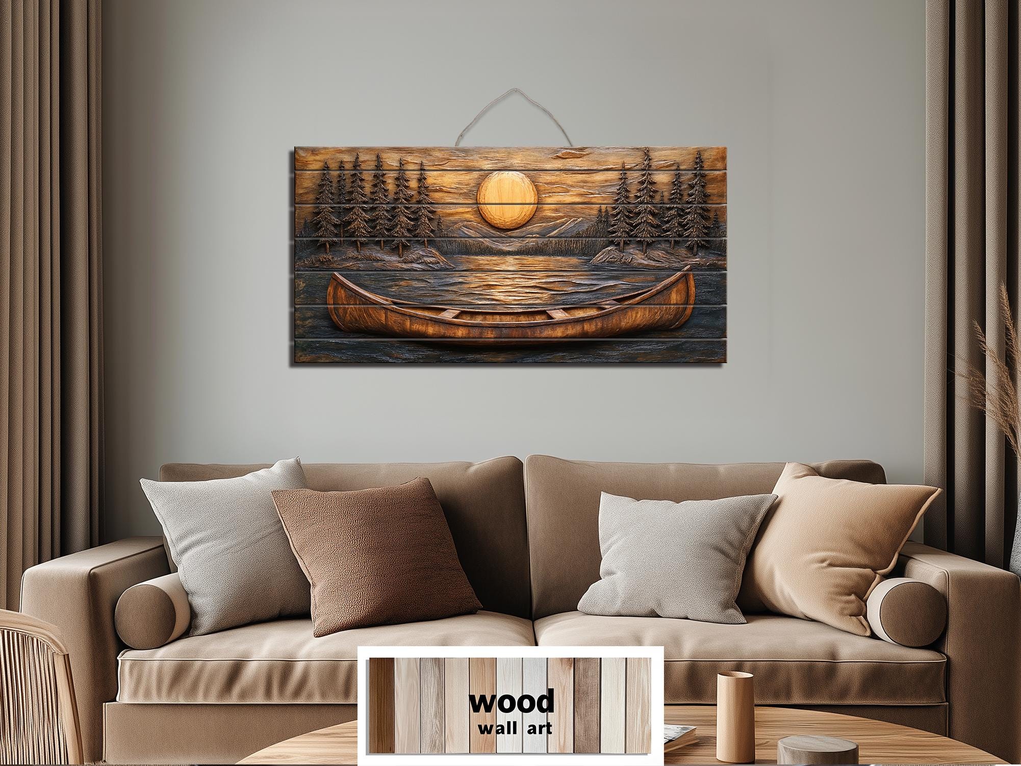 Canoe In The Lake At Sunset Wood Wall Art For Cabin Decor
