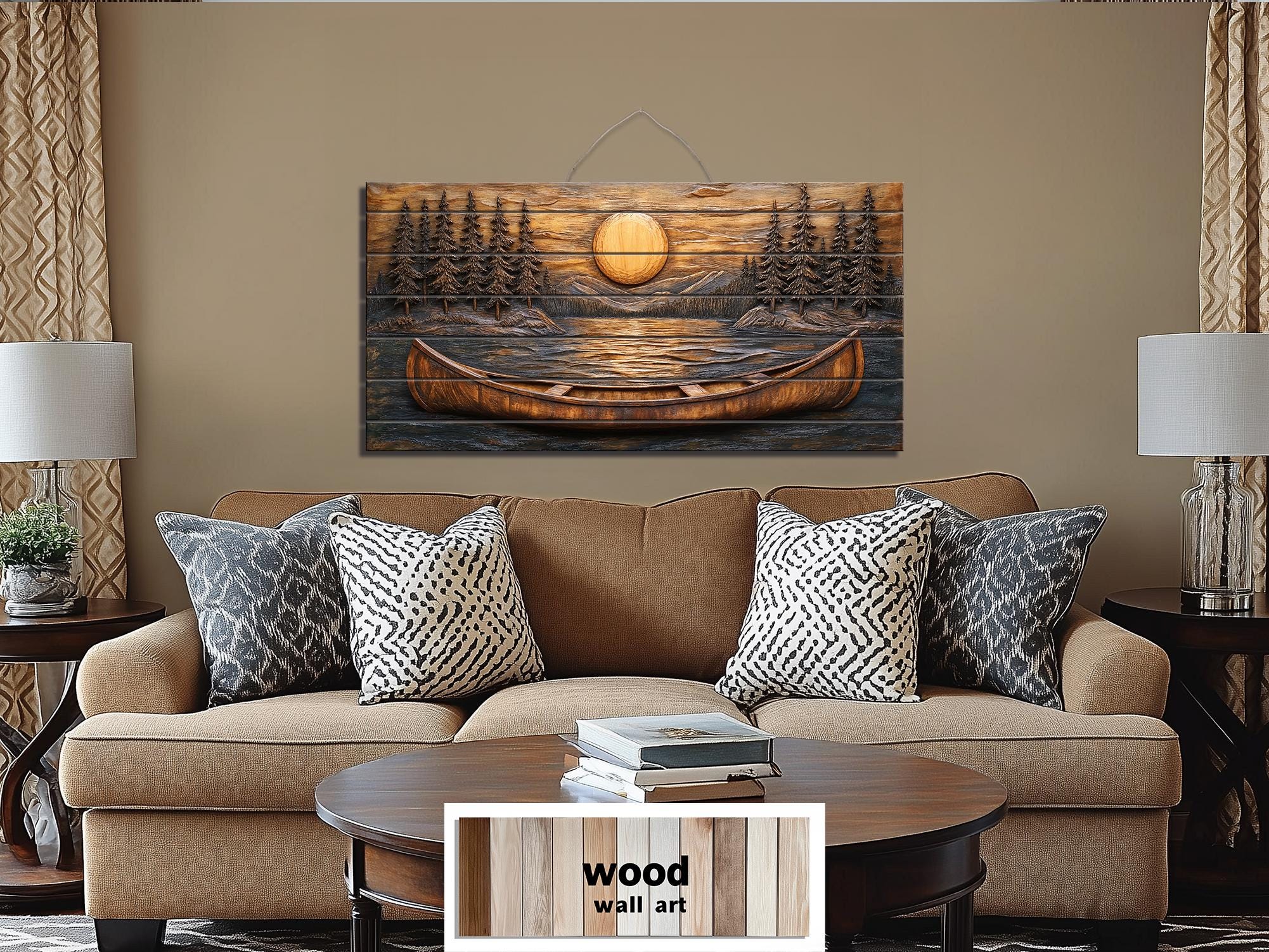 Canoe In The Lake At Sunset Wood Wall Art For Cabin Decor