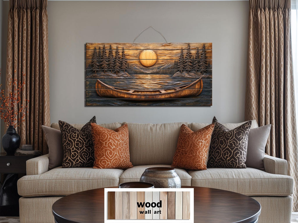 Canoe In The Lake At Sunset Wood Wall Art For Cabin Decor