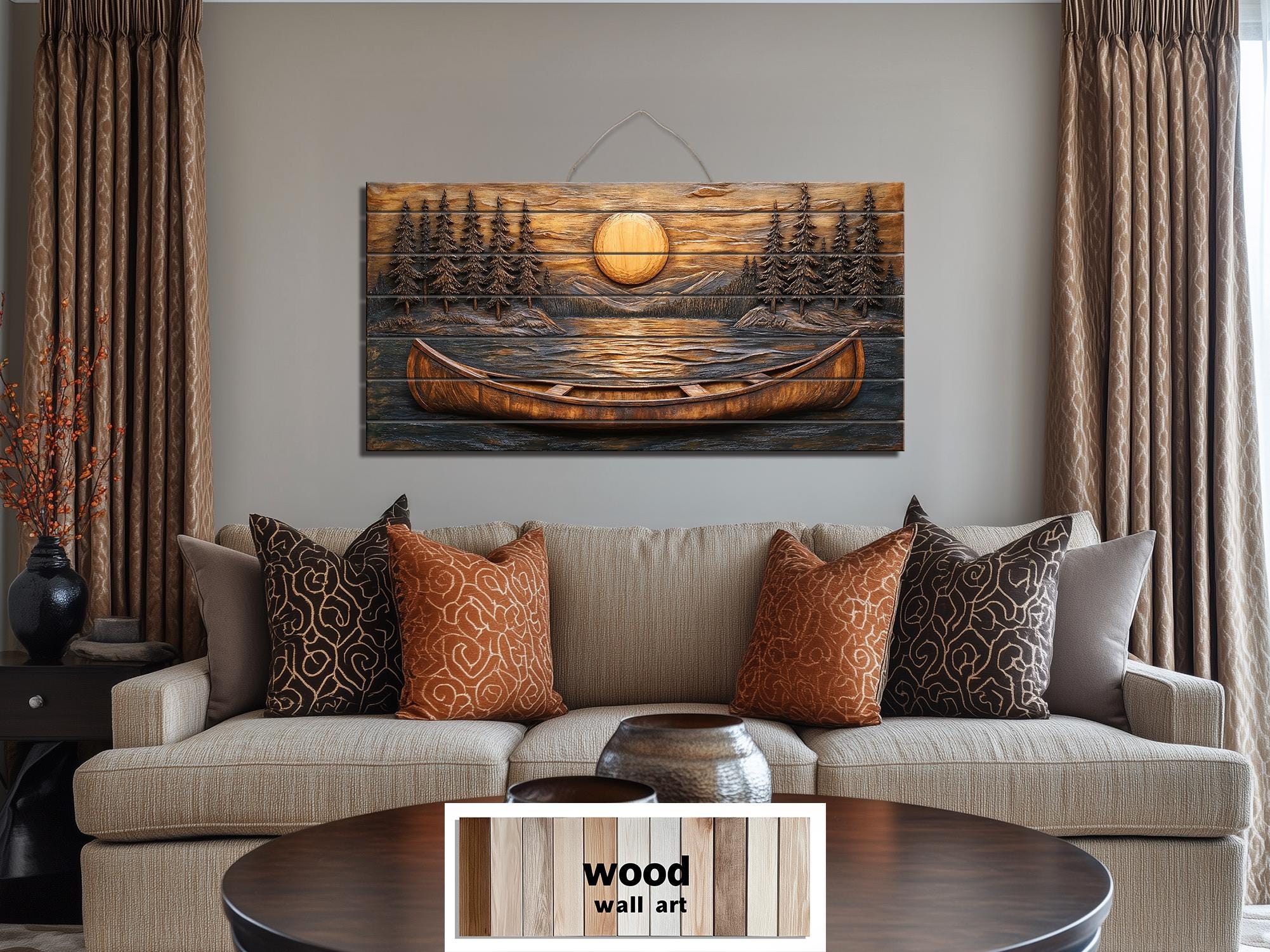 Canoe In The Lake At Sunset Wood Wall Art For Cabin Decor