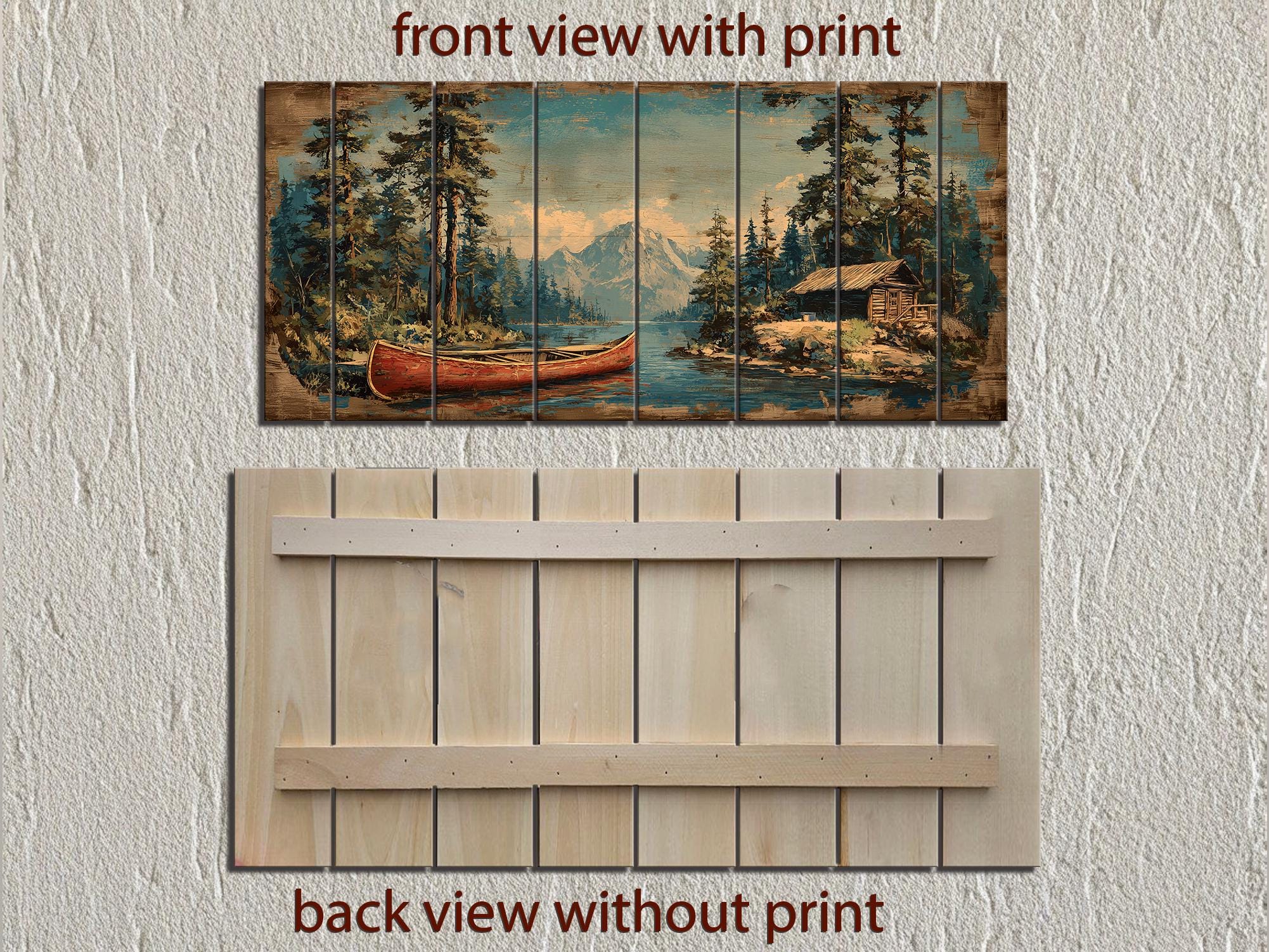 Canoe On Mountain Lake Cabin Scene Rustic Lodge Distressed Wood Wall Art