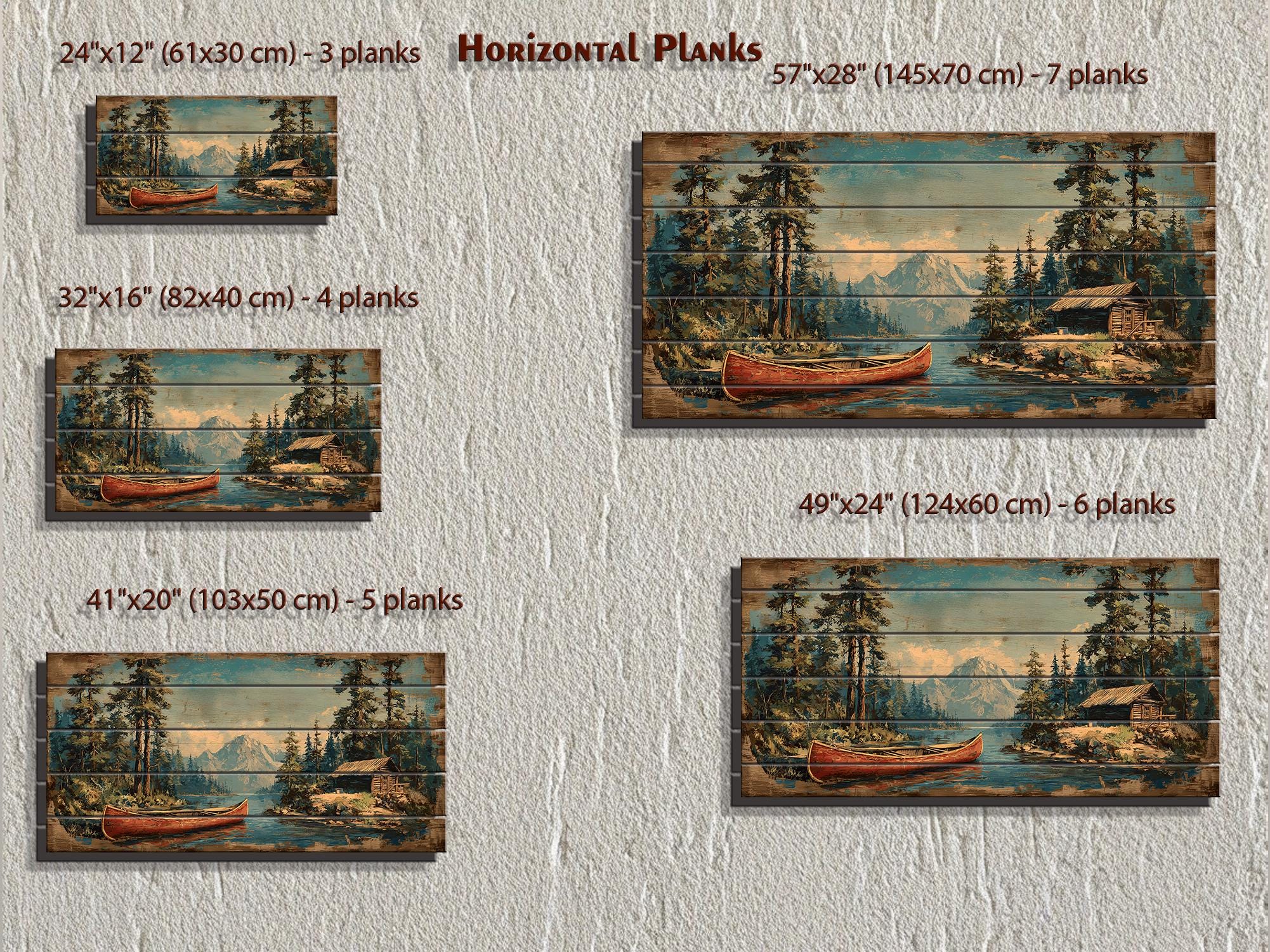 Canoe On Mountain Lake Cabin Scene Rustic Lodge Distressed Wood Wall Art