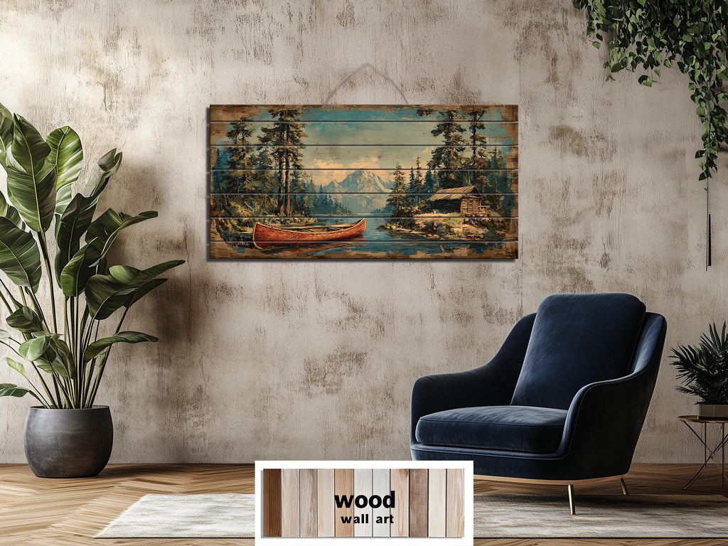 Canoe On Mountain Lake Cabin Scene Rustic Lodge Distressed Wood Wall Art