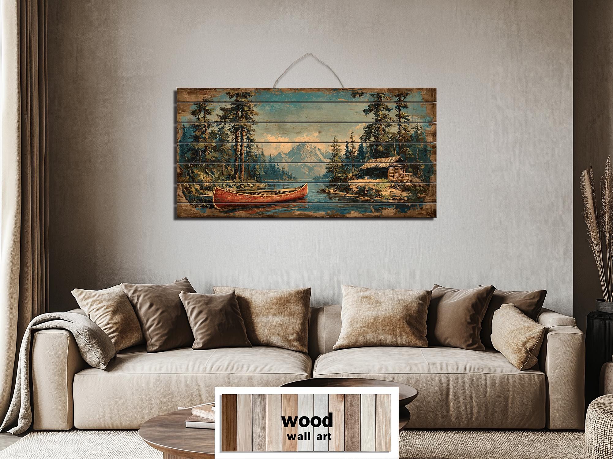 Canoe On Mountain Lake Cabin Scene Rustic Lodge Distressed Wood Wall Art