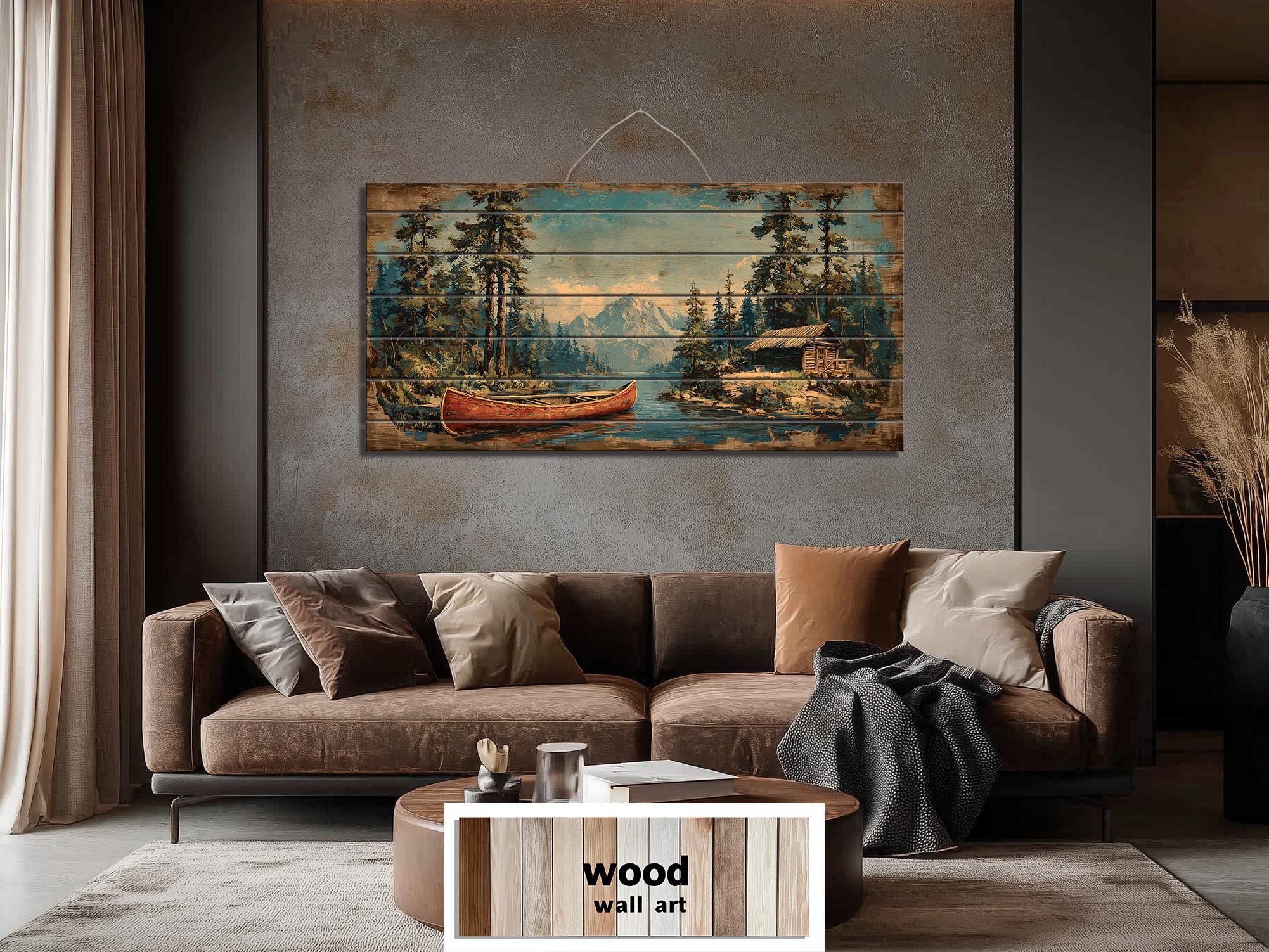 Canoe On Mountain Lake Cabin Scene Rustic Lodge Distressed Wood Wall Art