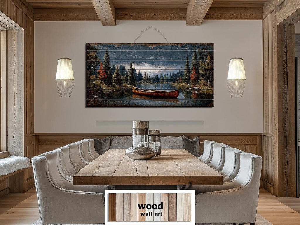 Canoe On Mountain Lake Distressed Wood Wall Art