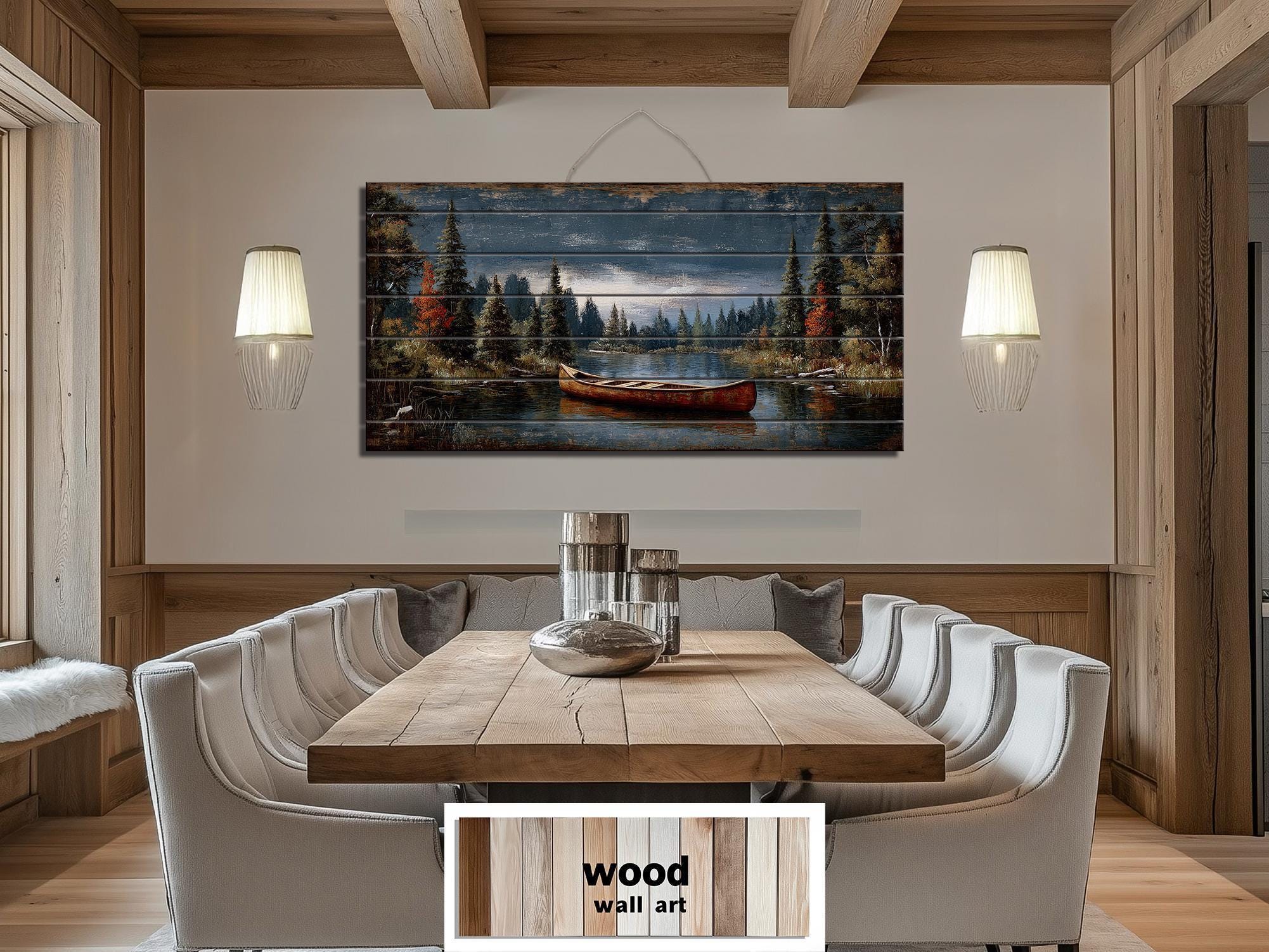 Canoe On Mountain Lake Distressed Wood Wall Art