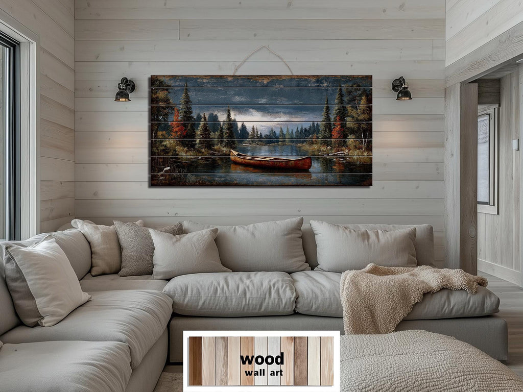 Canoe On Mountain Lake Distressed Wood Wall Art