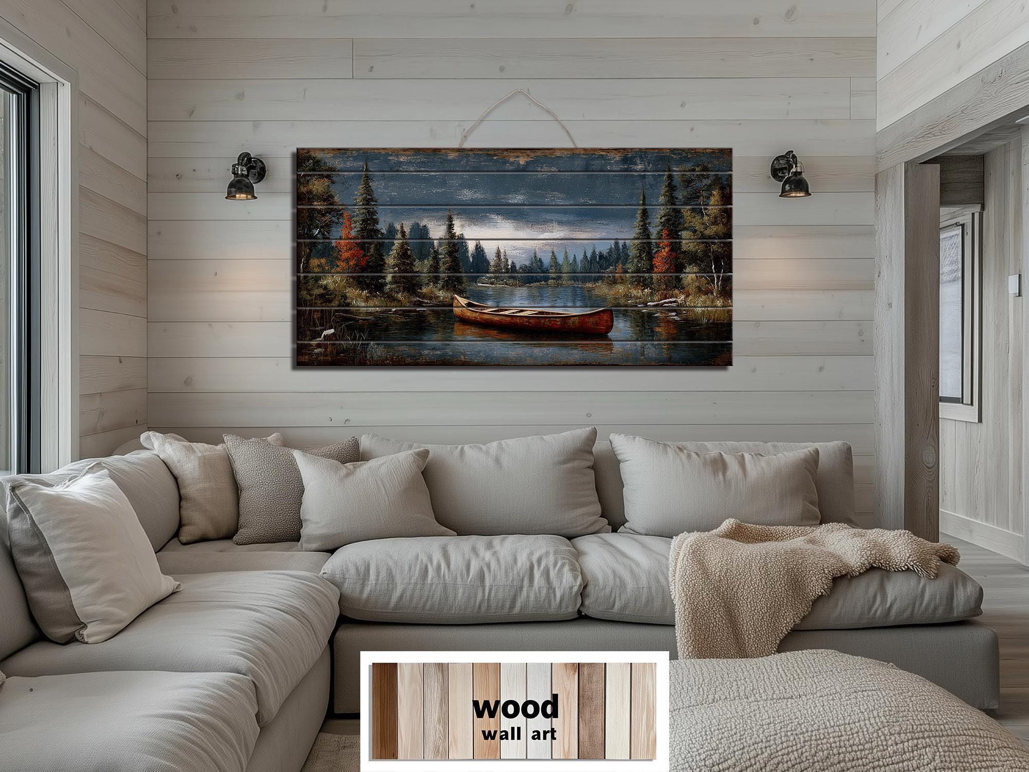 Canoe On Mountain Lake Distressed Wood Wall Art