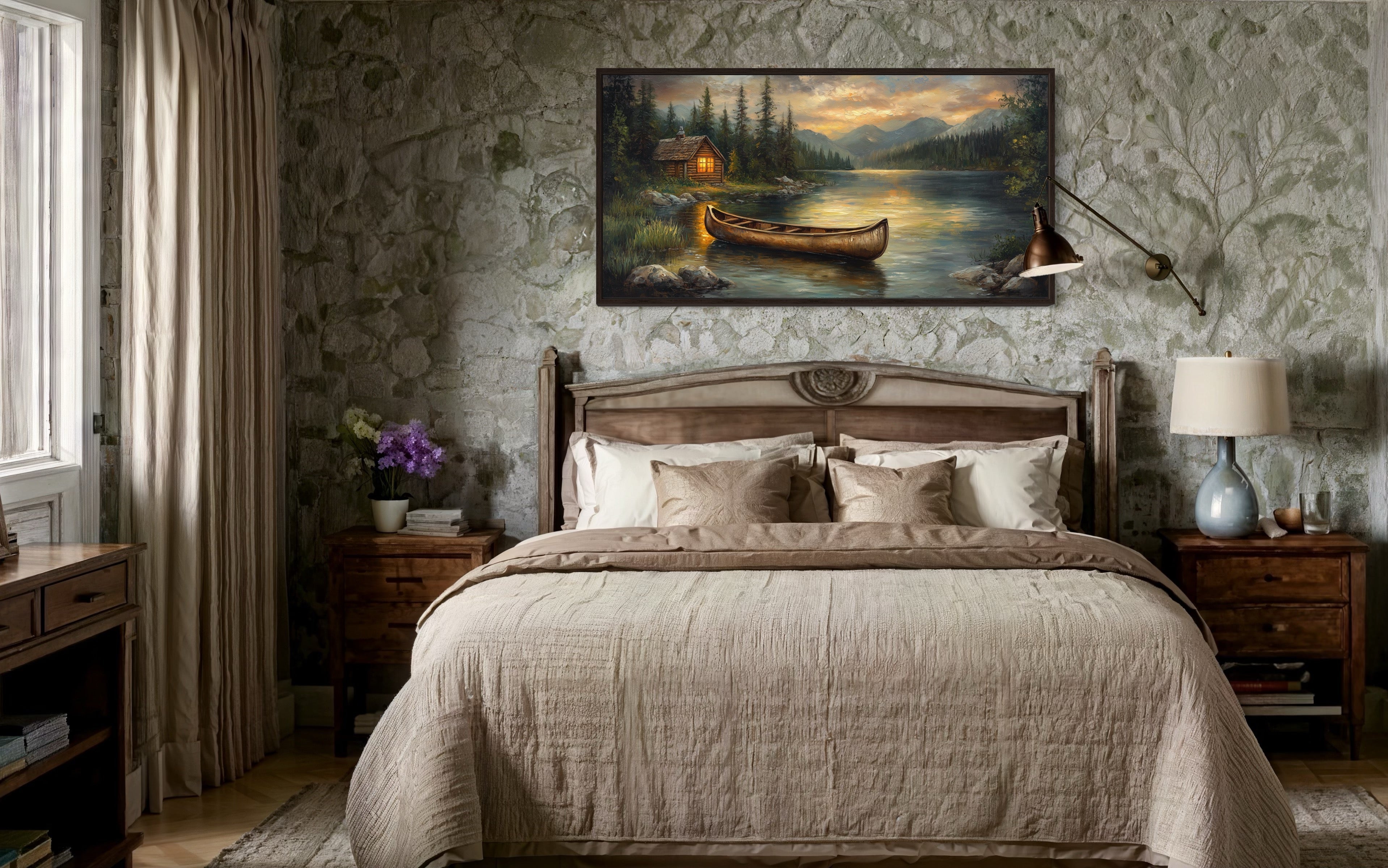 Canoe Wall Art – Rustic Wooden Canoe Painting for Lake House Decor
