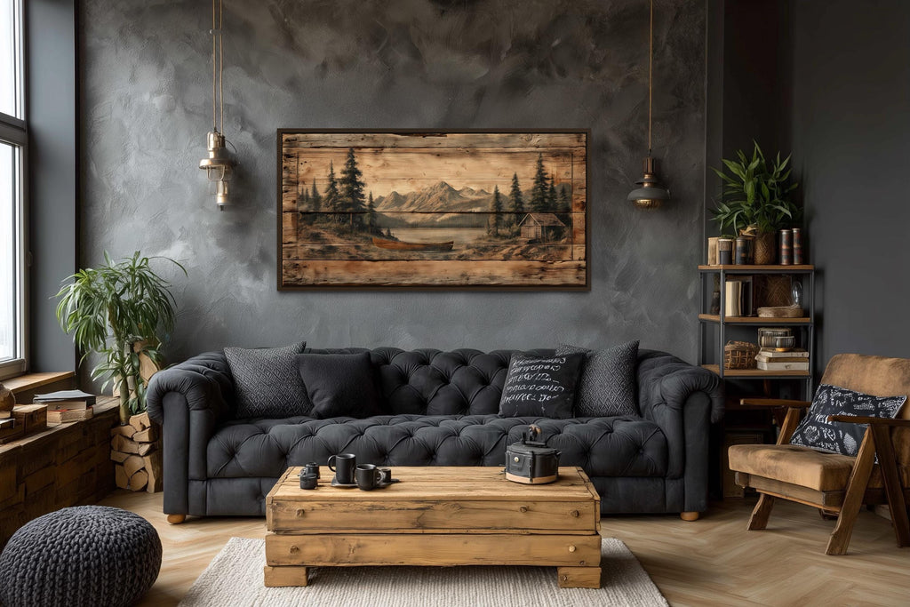 Canoe on Mountain Lake Canvas Wall Art