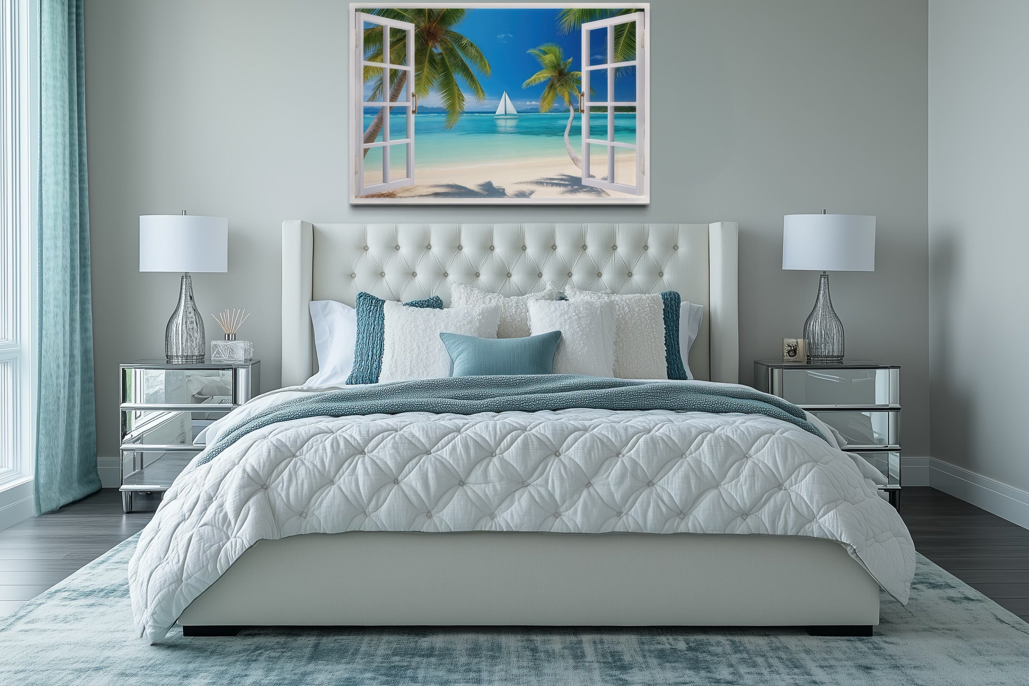 Caribbean Beach And Sail Boat Open Window View Wall Art