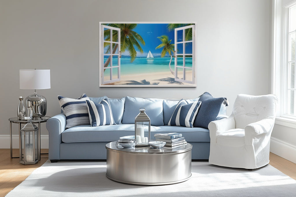 Caribbean Beach And Sail Boat Open Window View Wall Art