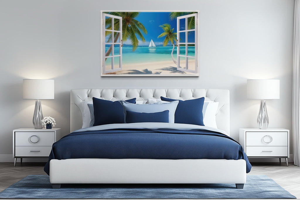 Caribbean Beach And Sail Boat Open Window View Wall Art