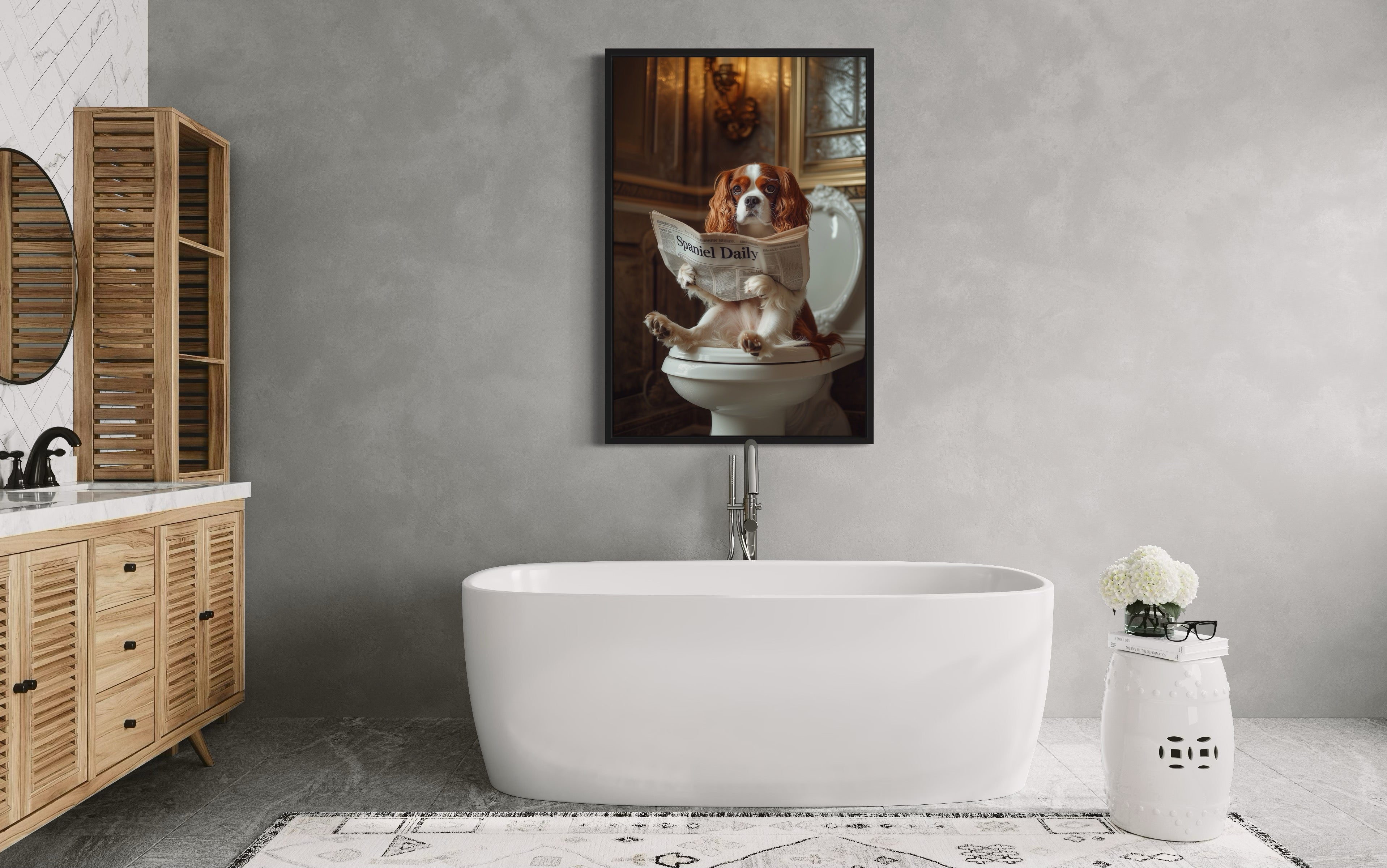 Cavalier King Charles Spaniel On The Toilet Reading Newspaper Picture