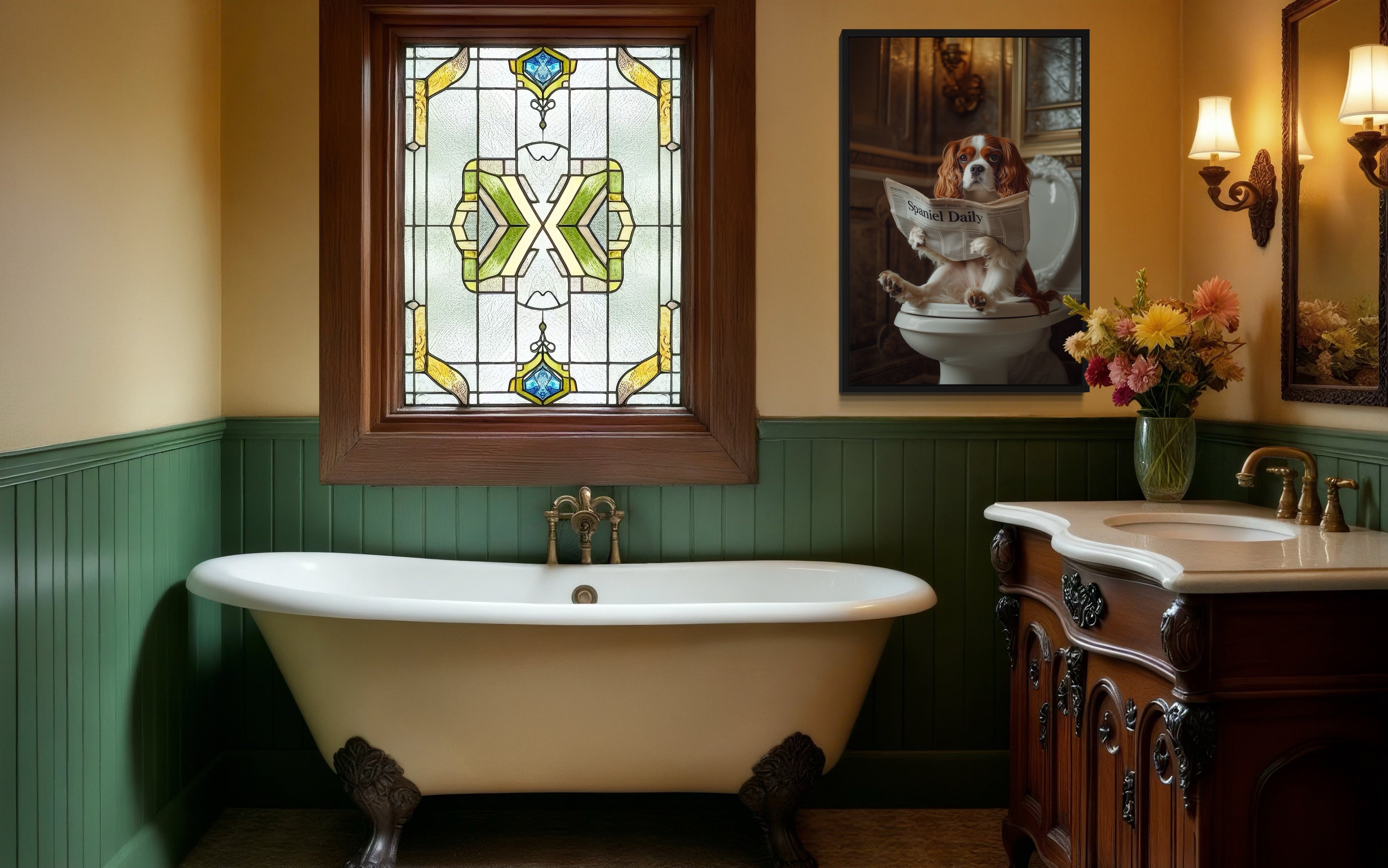 Cavalier King Charles Spaniel On The Toilet Reading Newspaper Picture