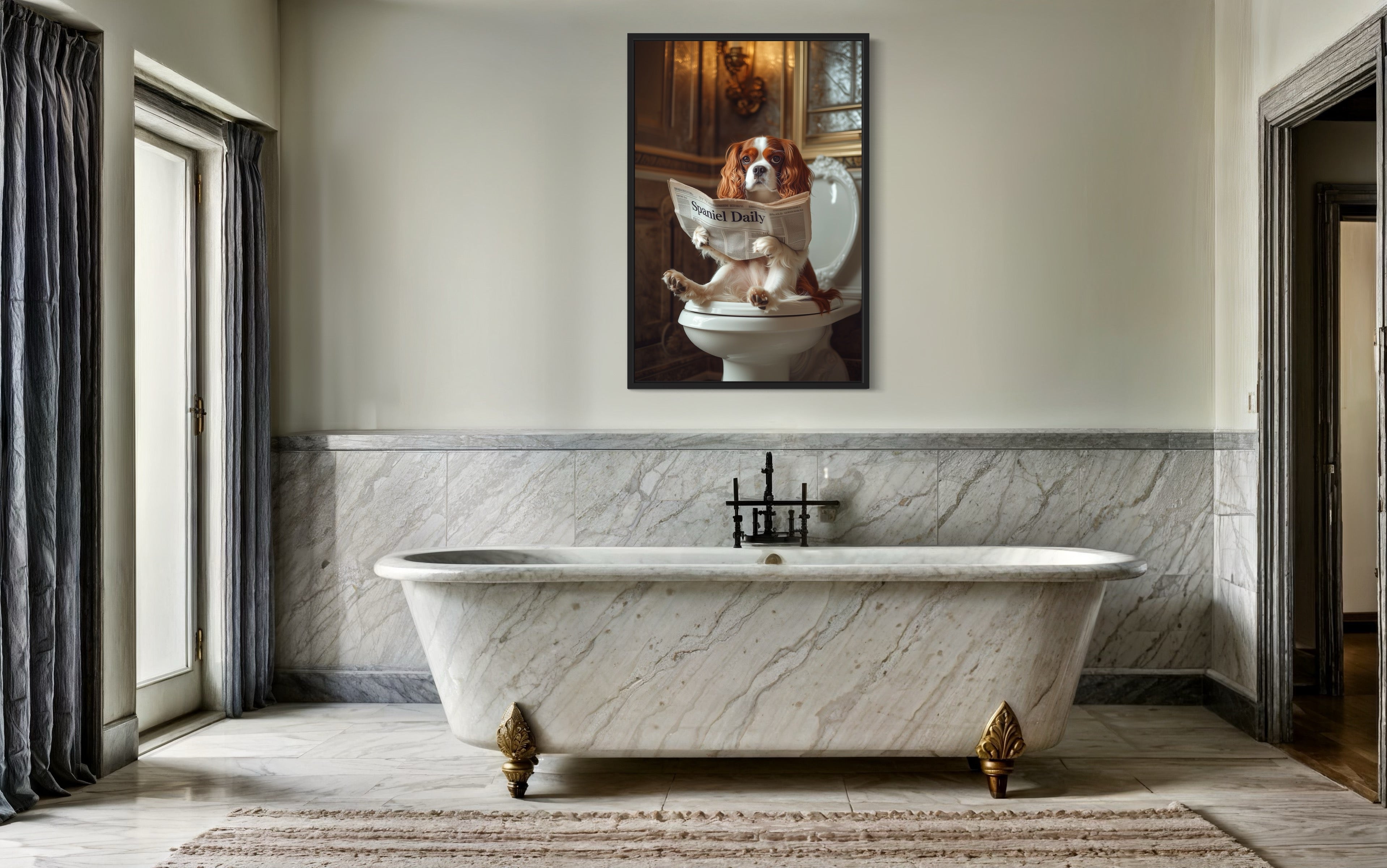 Cavalier King Charles Spaniel On The Toilet Reading Newspaper Picture