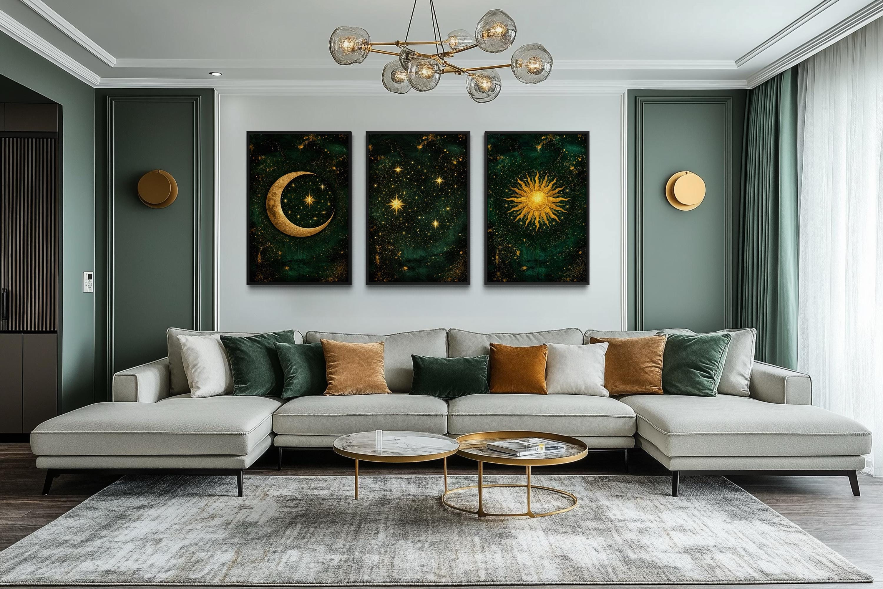 Celestial Wall Art – Emerald Green Gold Triptych Canvas Print with Sun, Moon, And Stars