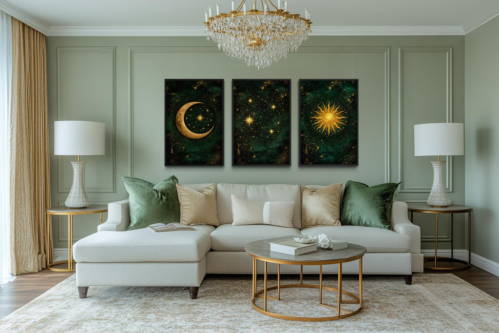 Celestial Wall Art – Emerald Green Gold Triptych Canvas Print with Sun, Moon, And Stars