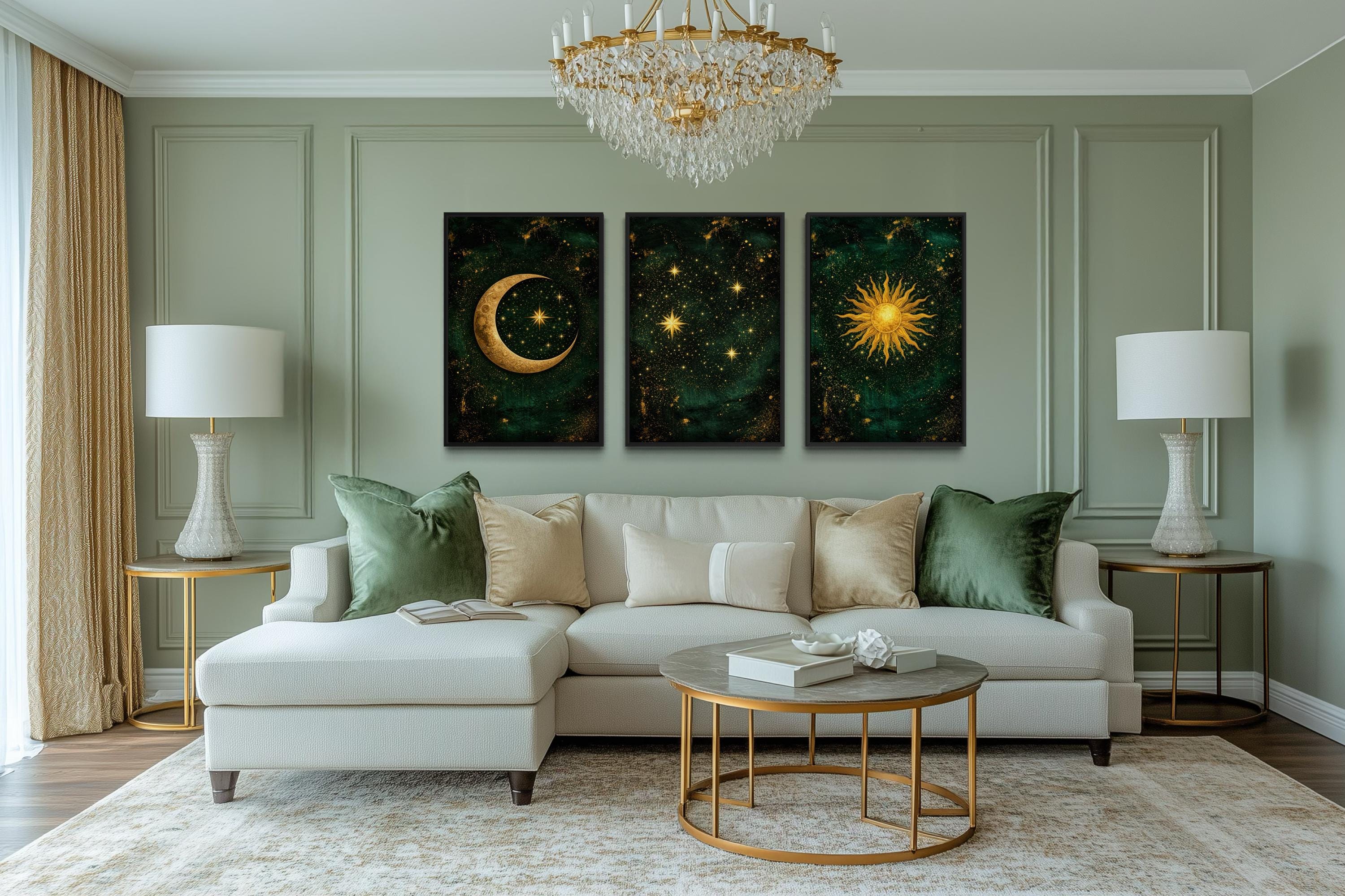 Celestial Wall Art – Emerald Green Gold Triptych Canvas Print with Sun, Moon, And Stars