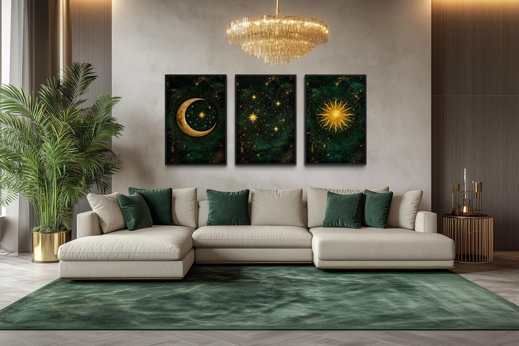 Celestial Wall Art – Emerald Green Gold Triptych Canvas Print with Sun, Moon, And Stars