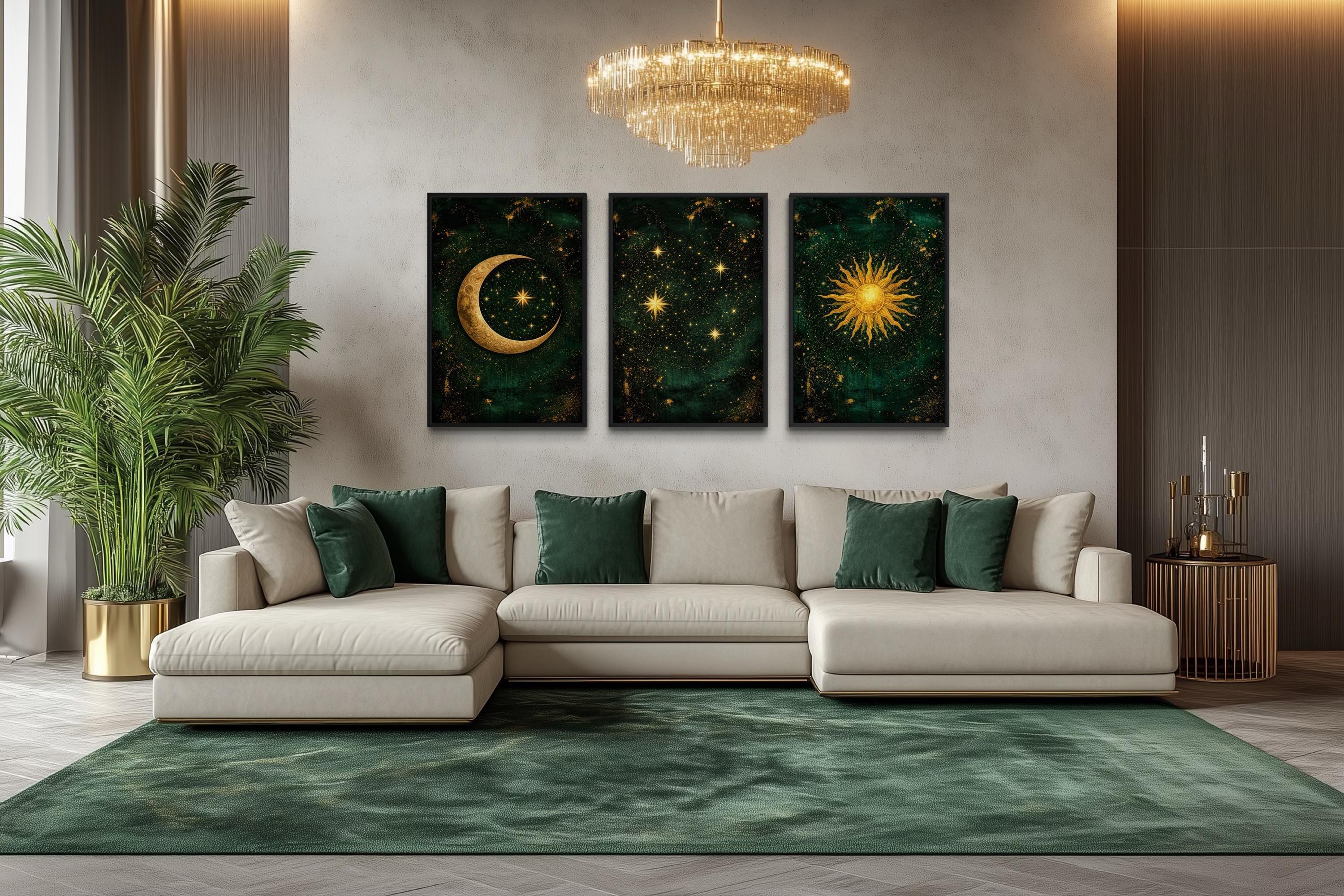 Celestial Wall Art – Emerald Green Gold Triptych Canvas Print with Sun, Moon, And Stars