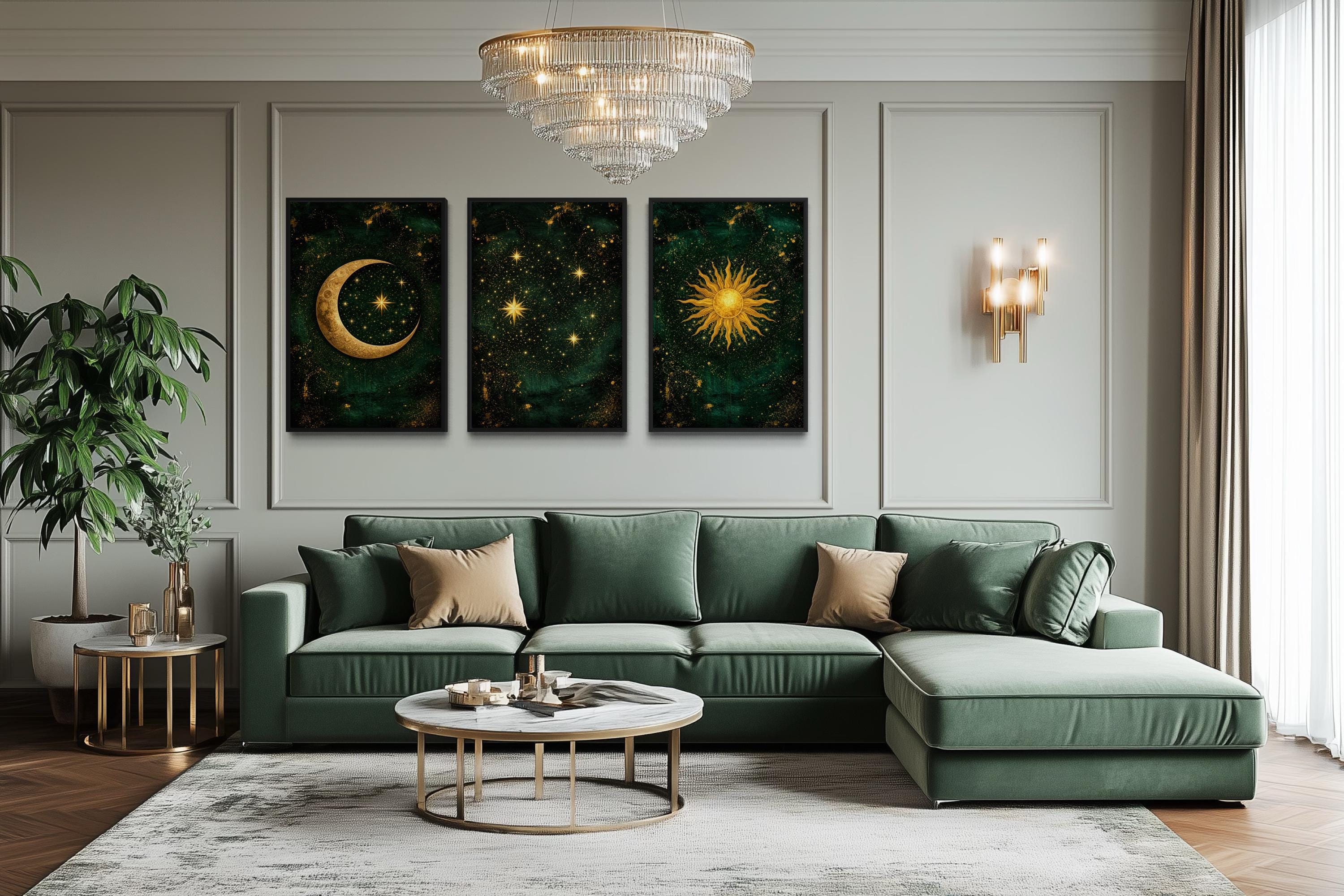 Celestial Wall Art – Emerald Green Gold Triptych Canvas Print with Sun, Moon, And Stars