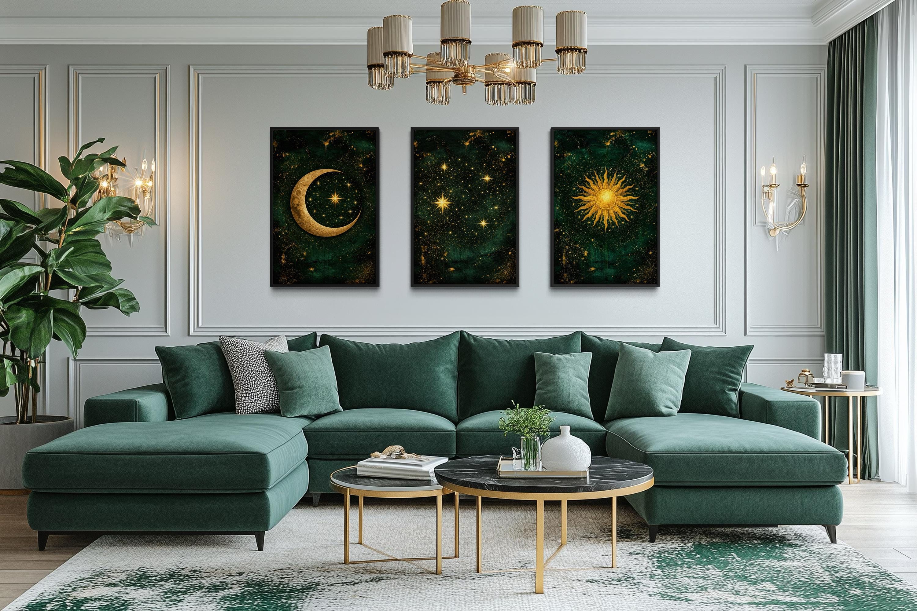 Celestial Wall Art – Emerald Green Gold Triptych Canvas Print with Sun, Moon, And Stars
