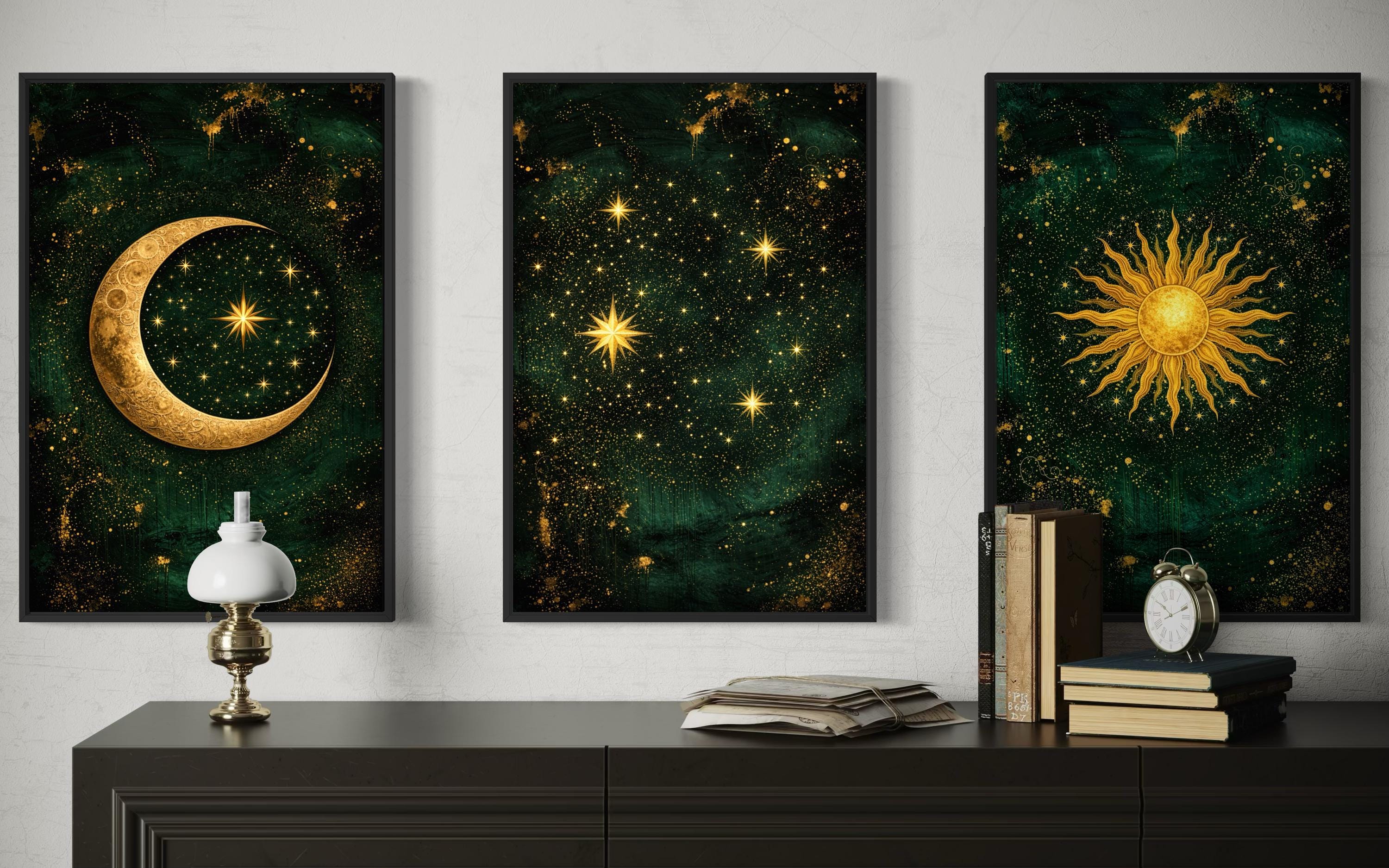 Celestial Wall Art – Emerald Green Gold Triptych Canvas Print with Sun, Moon, And Stars