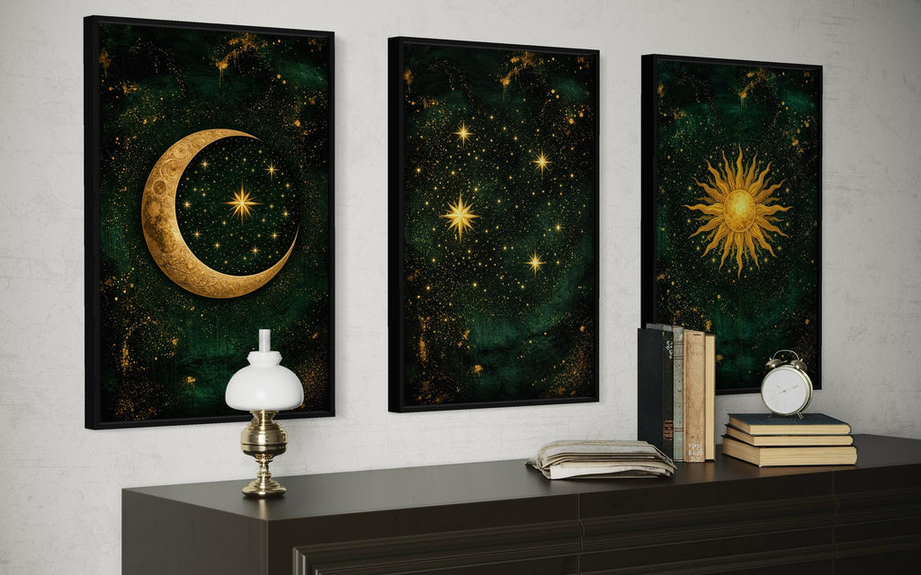 Celestial Wall Art – Emerald Green Gold Triptych Canvas Print with Sun, Moon, And Stars