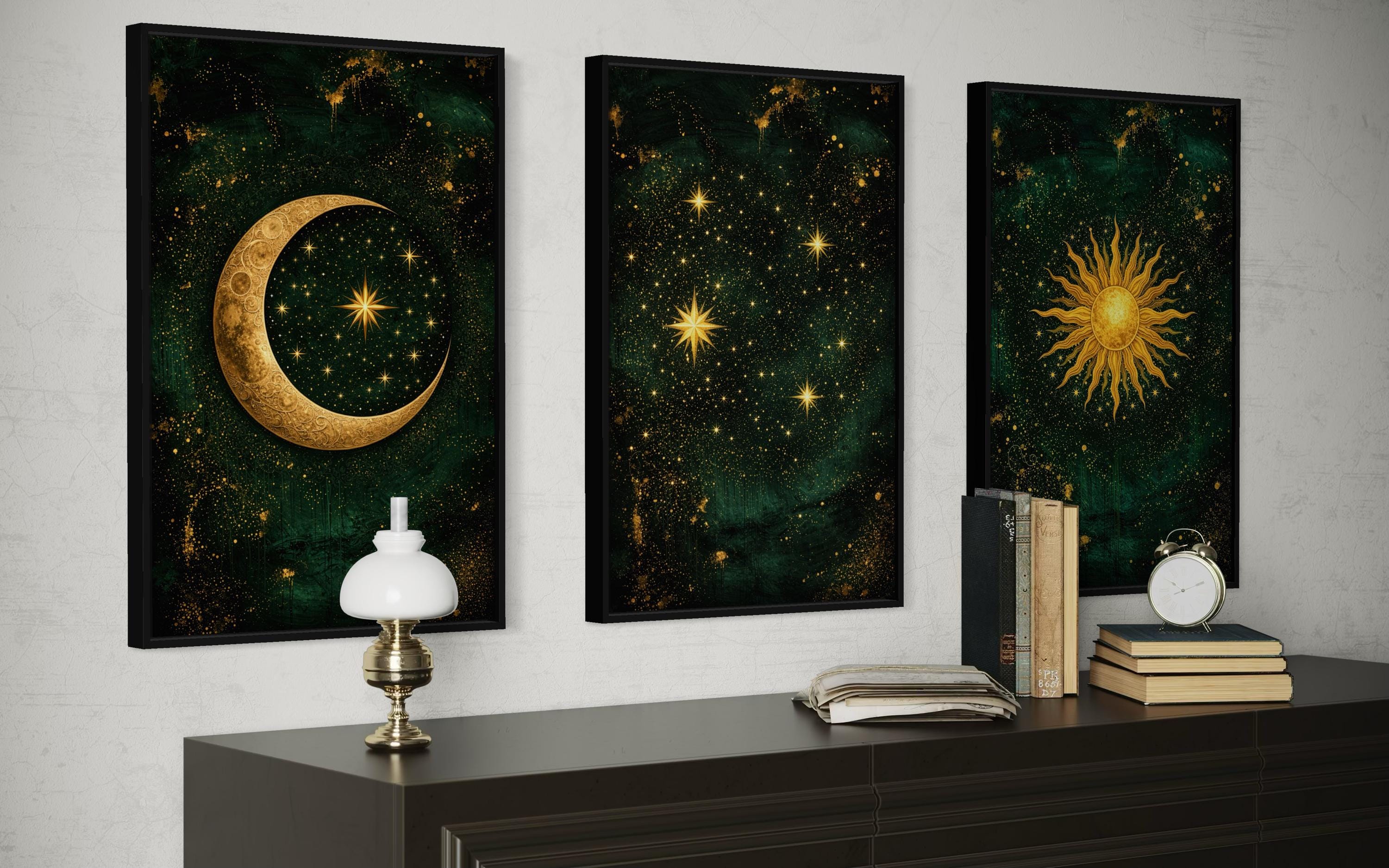 Celestial Wall Art – Emerald Green Gold Triptych Canvas Print with Sun, Moon, And Stars