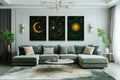 Celestial Wall Art – Emerald Green Gold Triptych Canvas Print with Sun, Moon, And Stars