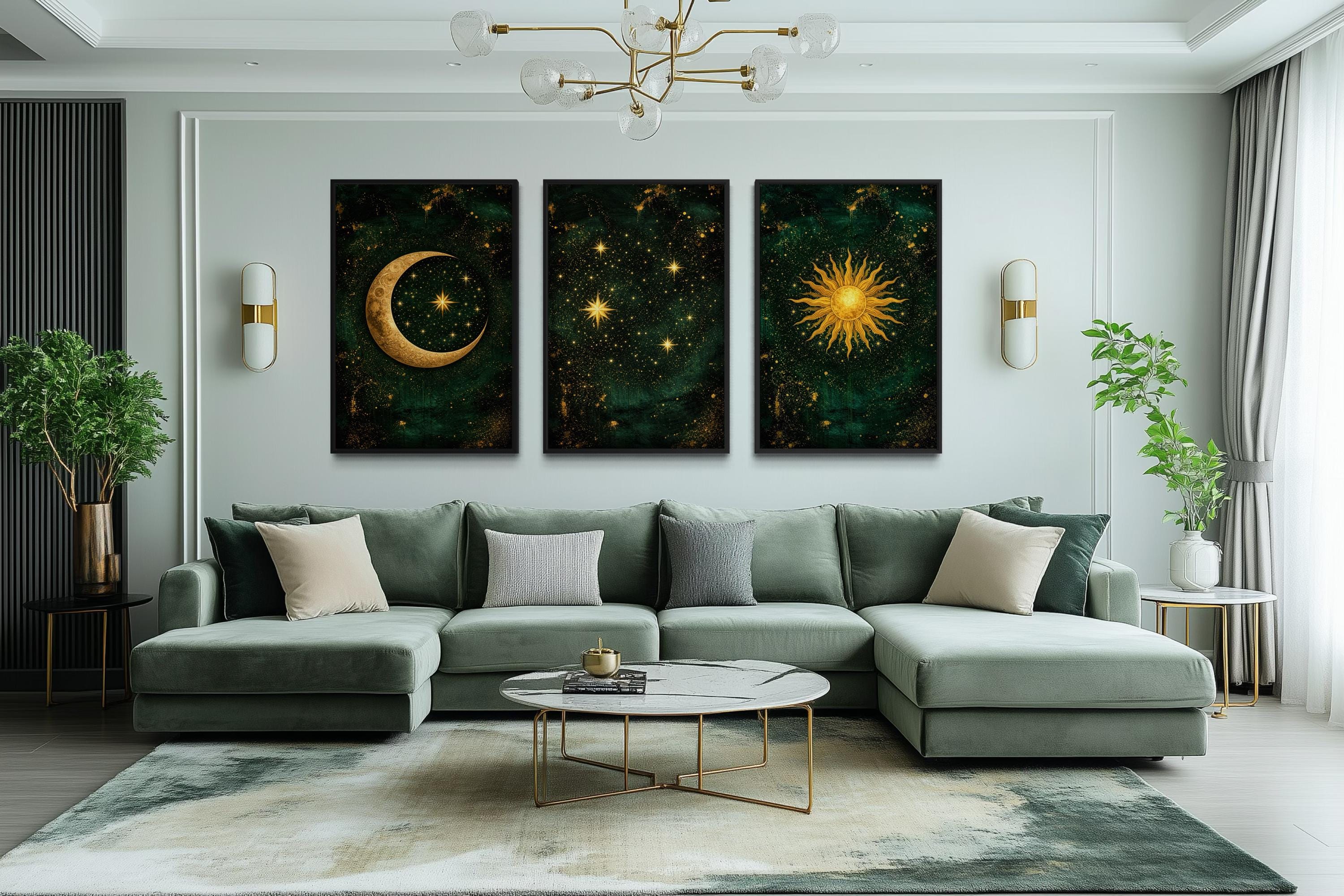 Celestial Wall Art – Emerald Green Gold Triptych Canvas Print with Sun, Moon, And Stars